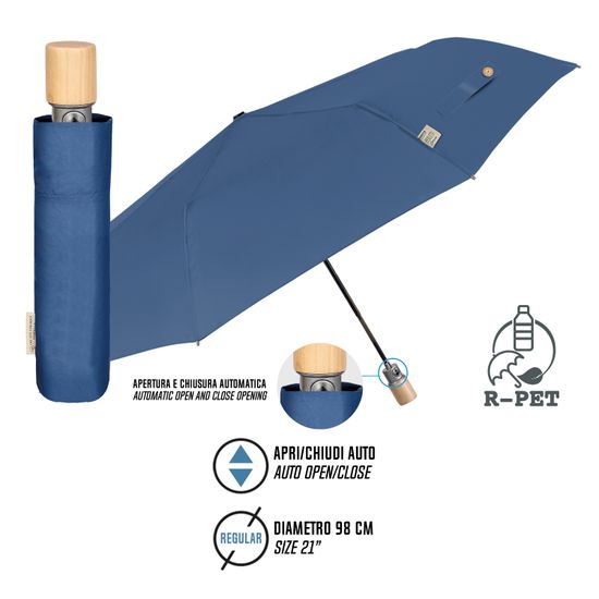 Stick umbrella for women with automatic opening. ls The RPET fabrics, which is used to make Perletti's Green umbrellas, comes from recycled plastic bottles. All the small details are made with natural biodegradable wood, such as the handle and the botton on the closure. Diameter 102 cm.