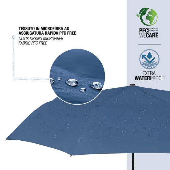 Details - Stick umbrella for women with automatic opening. ls The RPET fabrics, which is used to make Perletti's Green umbrellas, comes from recycled plastic bottles. All the small details are made with natural biodegradable wood, such as the handle and the botton on the closure. Diameter 102 cm.