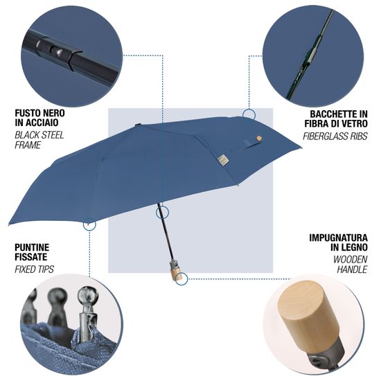 Dimensions - Stick umbrella for women with automatic opening. ls The RPET fabrics, which is used to make Perletti's Green umbrellas, comes from recycled plastic bottles. All the small details are made with natural biodegradable wood, such as the handle and the botton on the closure. Diameter 102 cm.